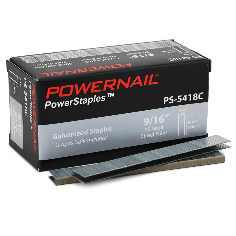 Powernail PS5418C 20 Gauge 3/16 Inch Crown 9/16 Inch Length Chisel Point Collated Galvanized Staples  for Fastening Carpet and Upholstery (Box of 5000) - Image 1